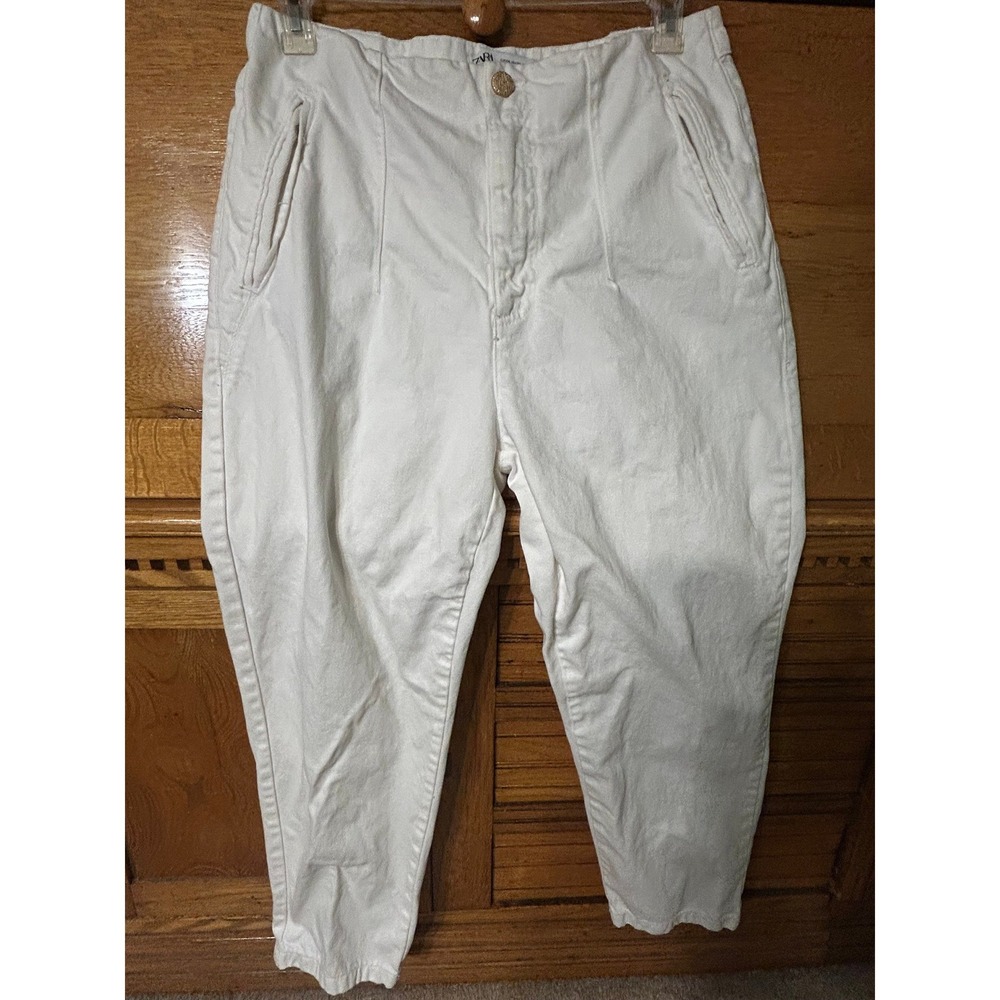 Zara Preppy 90s Vintage White High Waisted Tapered Cotton Pants Gold Button XXL
